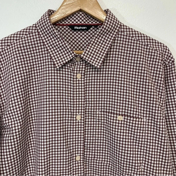 Rohan Newtown Shirt Men XL  UPF 40 Sun Protection Maroon Check Hiking Travel - Picture 1 of 13